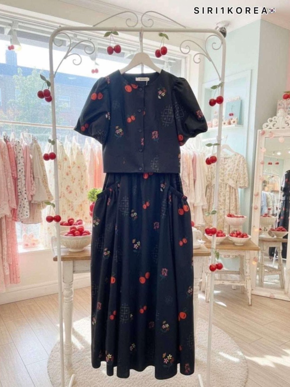 Siri1Korea Black Cherry Print Two Piece Coordinate